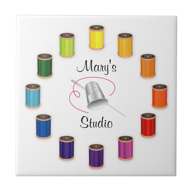 Sewing Thimble, Needle and Threads Ceramic Tile (Front)