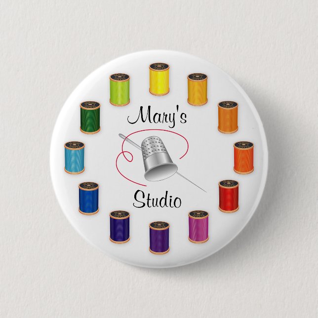Sewing Thimble, Needle and Threads Pinback Button (Front)
