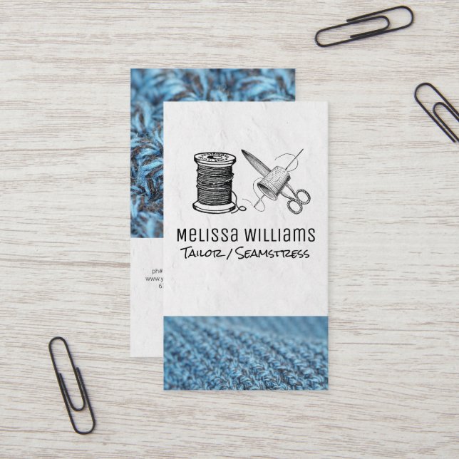 Sewing Thread Thimble and Scissors Business Card (Front/Back In Situ)