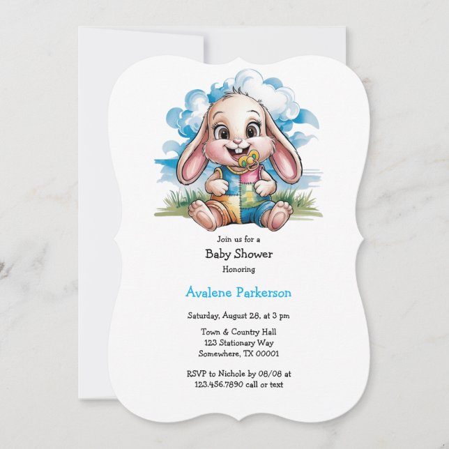 Sewn Patchwork Cute Bunny & Pacifier Baby Shower Invitation (Front)