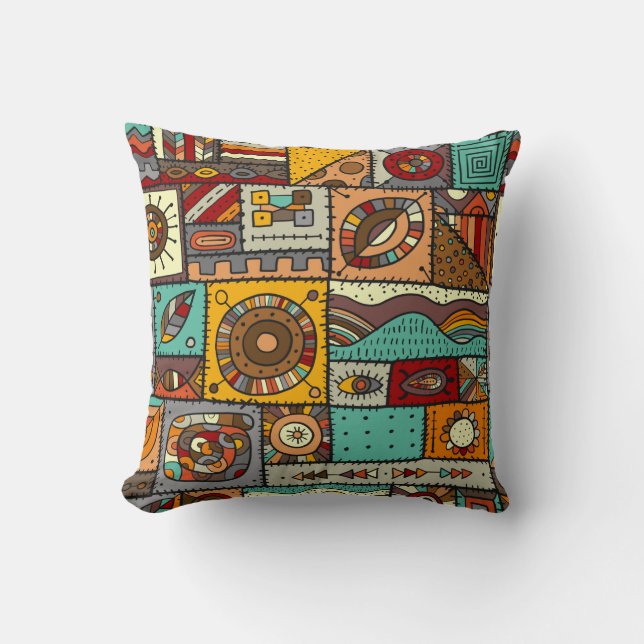 Sewn pieces of fabric in a patchwork style. Ethnic Throw Pillow (Front)
