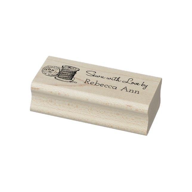 "Sewn with Love by" Customizable Rubber Art Stamp (Stamp)
