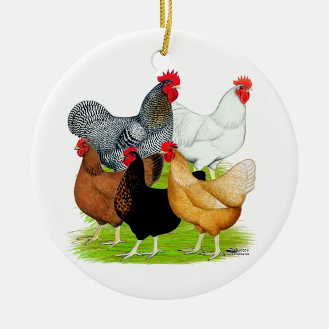 Sex-linked Chickens Quintet Ceramic Ornament (Front)