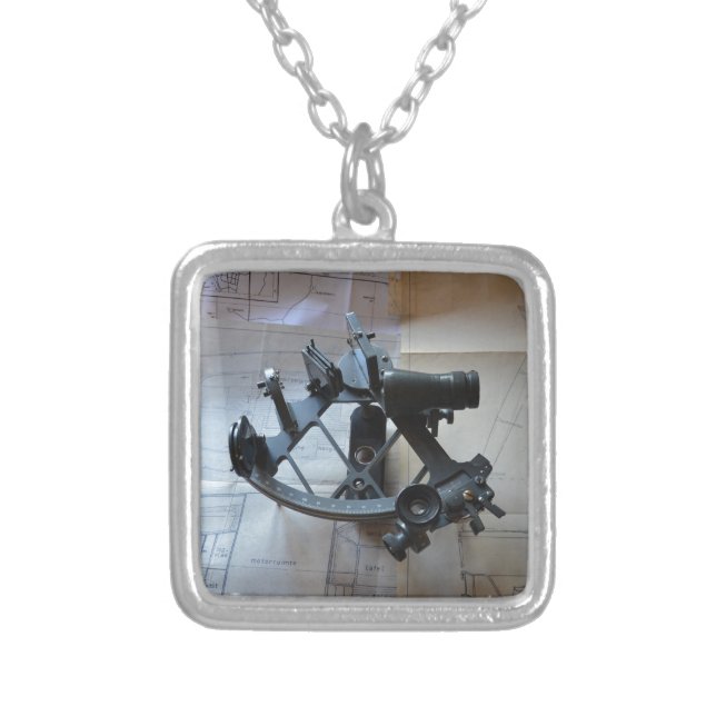 Sextant For Celestial Navigation Silver Plated Necklace (Front)