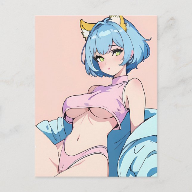 Sexy Anime Woman In Pink With Blue Hair Postcard (Front)