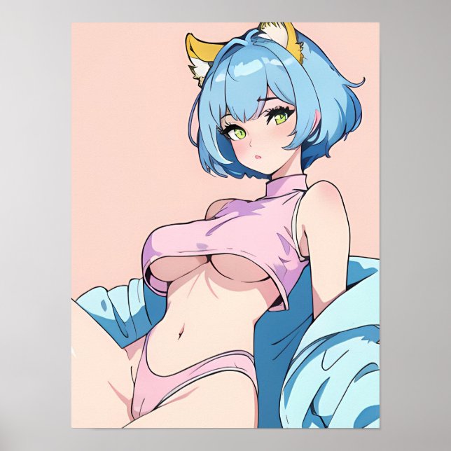 Sexy Anime Woman In Pink With Blue Hair Poster (Front)