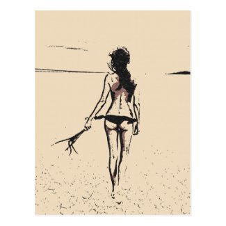 Sexy at the beach, hot bikini girl artistic sketch postcard
