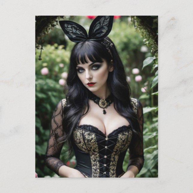 Sexy Beautiful Woman in Black Dress and Bow Postcard (Front)