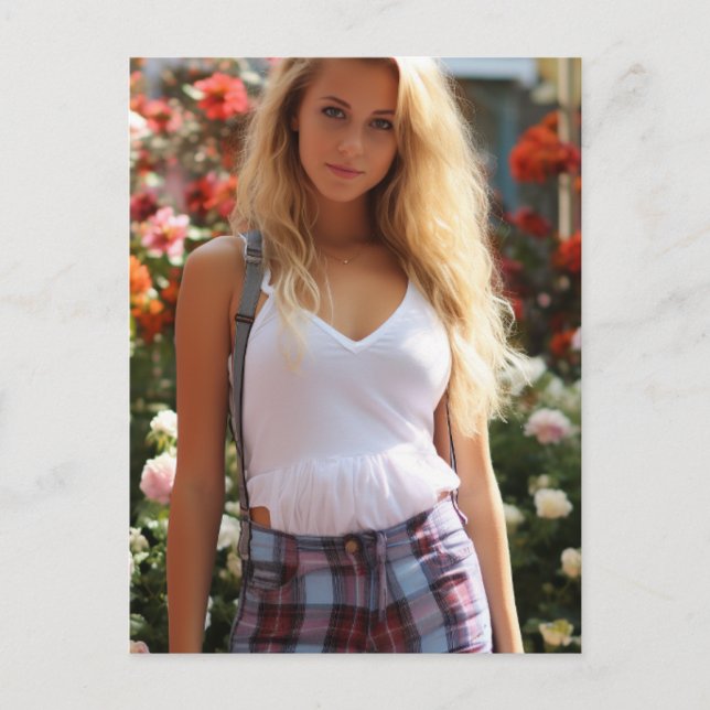 Sexy Blond in Plaid Postcard (Front)