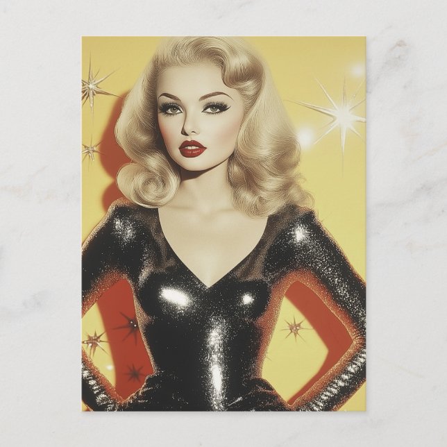Sexy Blond Woman Retro Rock Star in Black Postcard (Front)