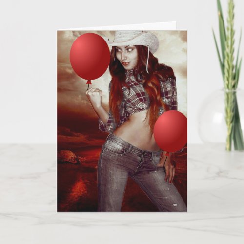 SEXY COWGIRL FUNNY BALLOONS BIRTHDAY CARD 4 HIM
