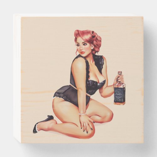 Sexy  Curvy Vintage Whiskey Pinup Girl Wooden Box Sign