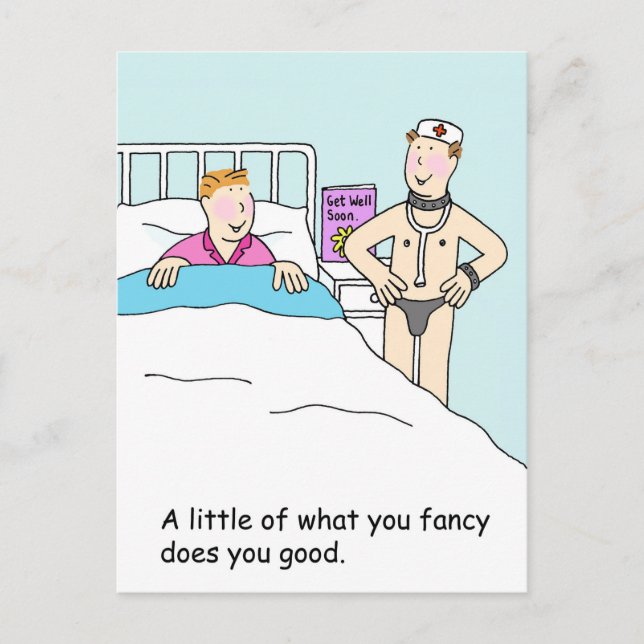 Sexy Get Well Soon Cartoon Nurse and Patient Postcard (Front)