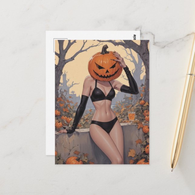 Sexy Halloween Pin Up Woman Postcard (Front/Back In Situ)