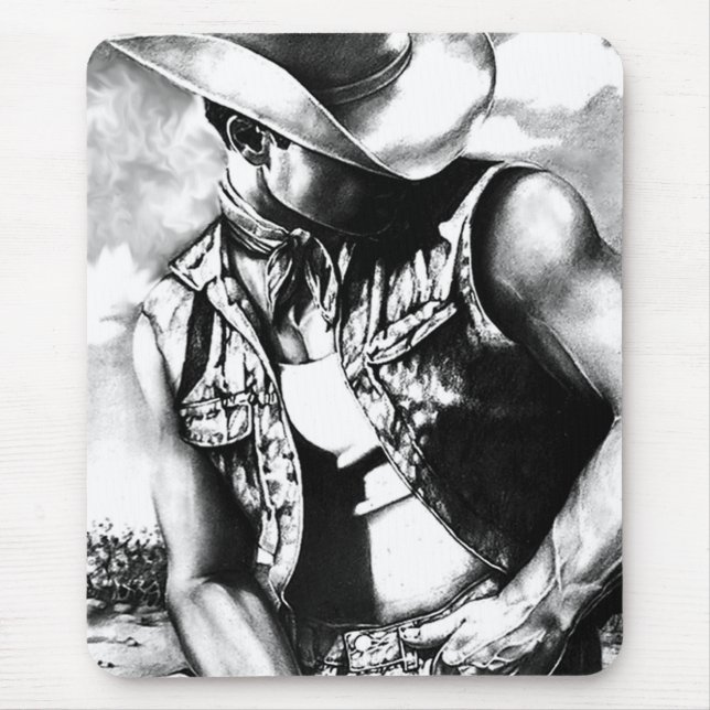 Sexy Modern Cowboy Black And White Charcoal Sketch Mouse Pad (Front)
