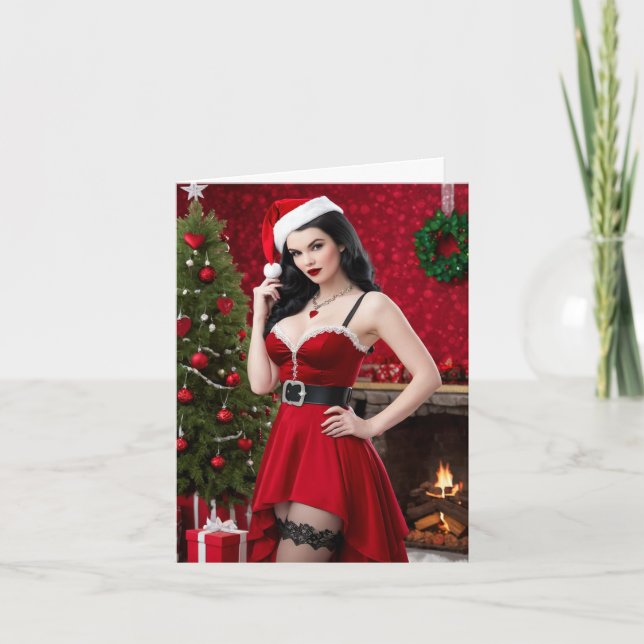 Sexy Mrs. Claus Pinup in Front of the Tree Card (Front)