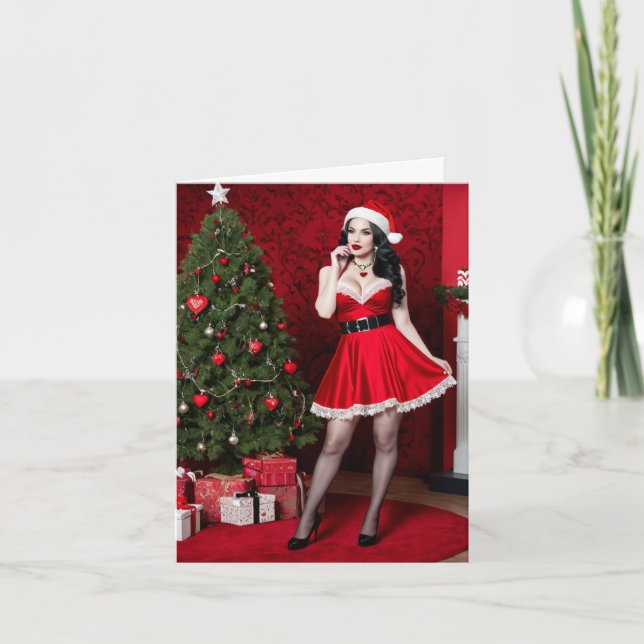 Sexy Mrs. Claus Pinup in Front of the Tree Card (Front)