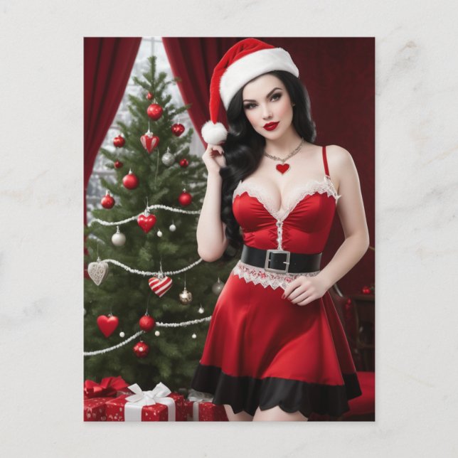 Sexy Mrs. Claus Pinup in Front of the Tree Postcard (Front)