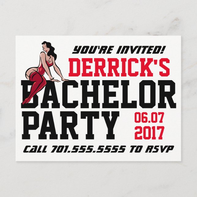 Sexy Pin-up Woman Bachelor Party Invitation Postcard (Front)