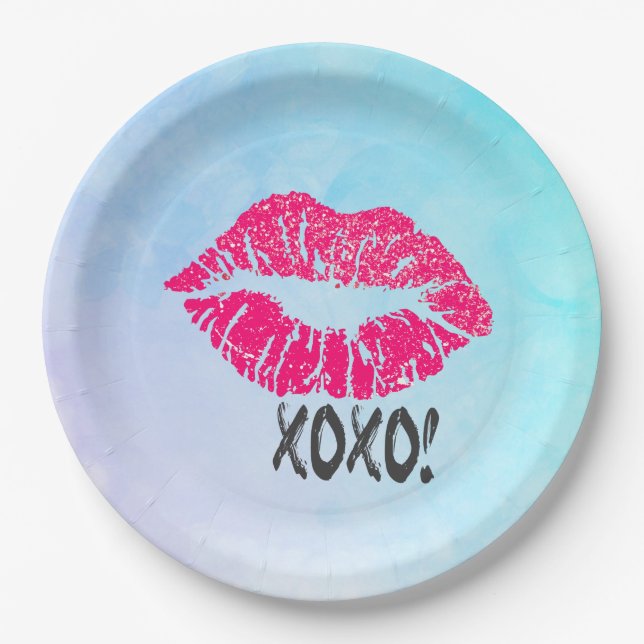 Sexy Pink Kissy Lips with xoxo! Paper Plates (Front)