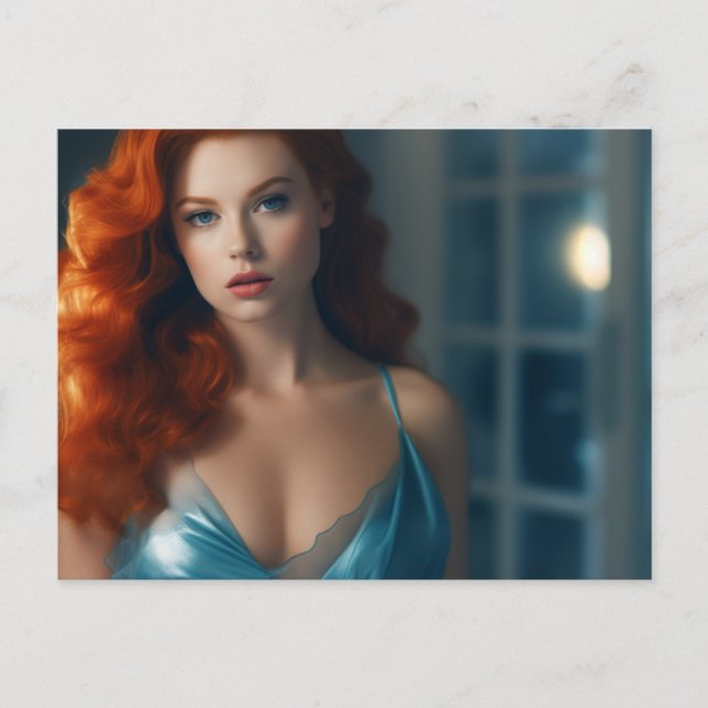 Sexy Red Hair and a Blue Dress Postcard (Front)