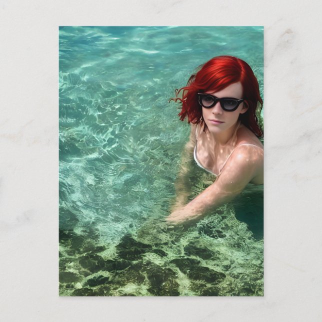 Sexy Red Haired Woman Swims Postcard (Front)