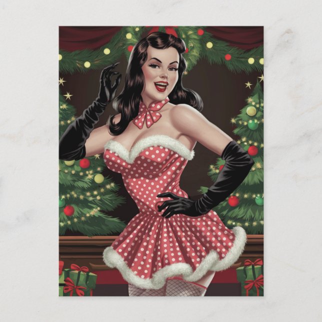Sexy Retro Pinup Lady Christmas Postcard (Front)