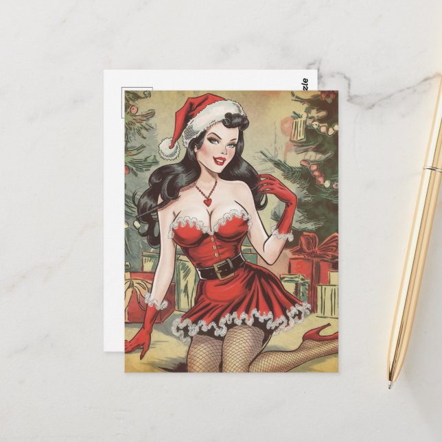 Sexy Retro Pinup Lady Dressed in Red Christmas Postcard (Front/Back In Situ)