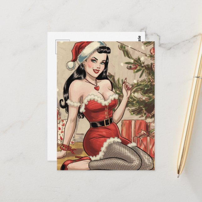 Sexy Retro Pinup Lady Mrs. Claus Christmas Postcard (Front/Back In Situ)