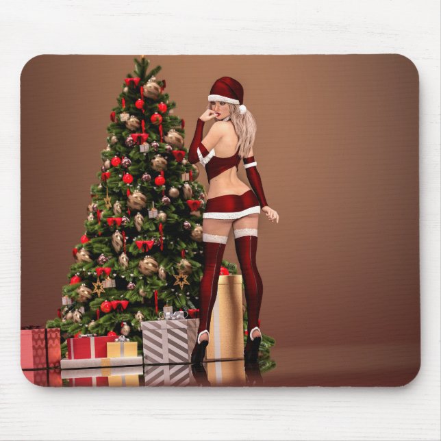 Sexy Santa Girl near the Christmas Tree Mouse Pad (Front)