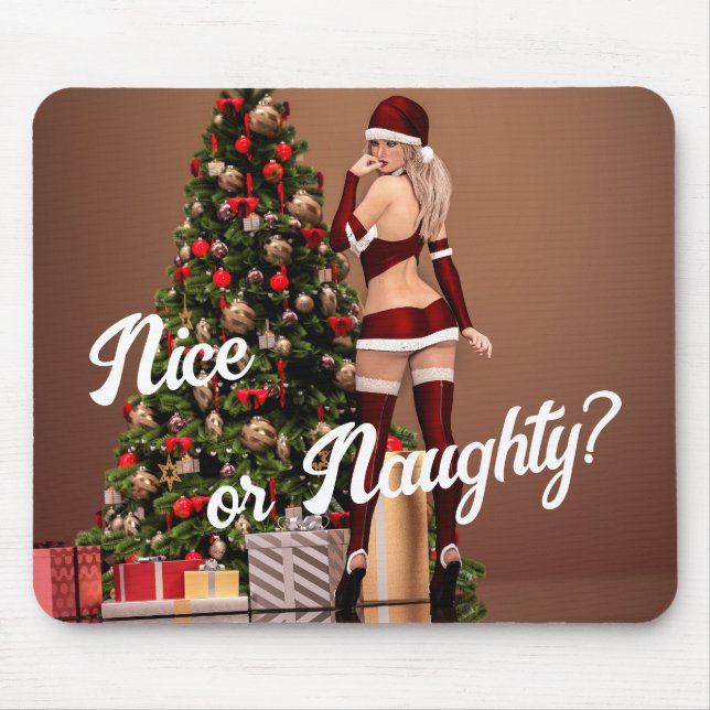 Sexy Santa Girl near the Christmas Tree Mouse Pad (Front)