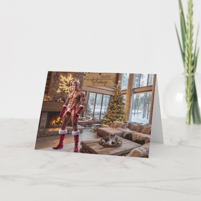 Sexy Santa Happy Holidays Rustic Cabin Christmas  Card (Front)