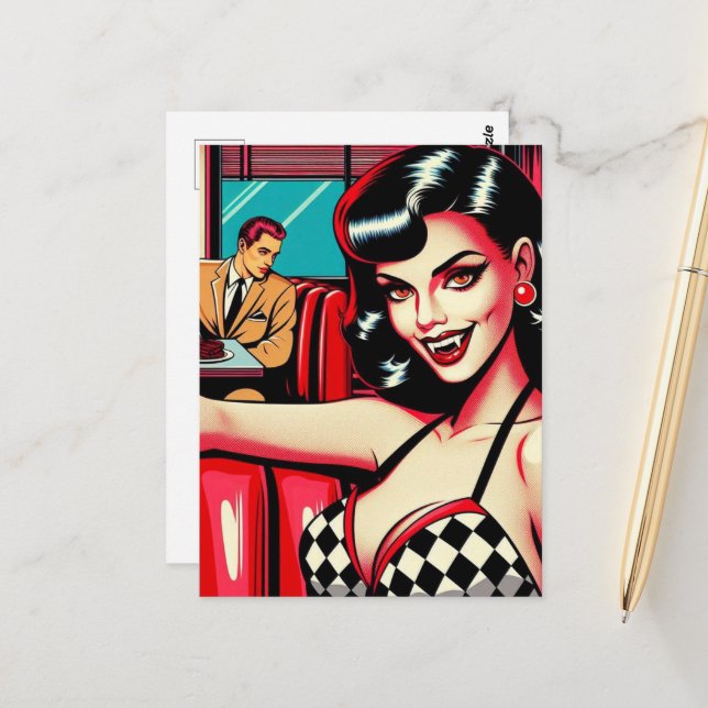 Sexy Vampire at the Retro Diner Postcard (Front/Back In Situ)