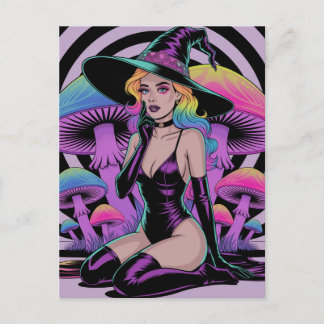 Sexy Witch with Colorful Hair and Mushrooms Postcard