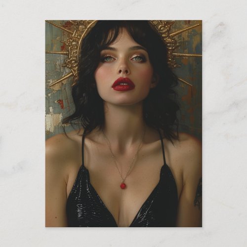 Sexy Woman in a Black Dress Red Gold Necklace Postcard