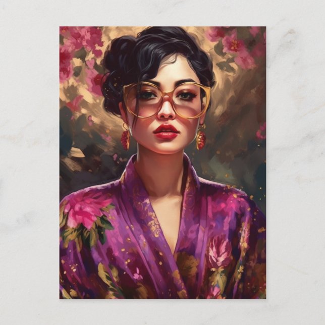 Sexy Woman in a Silk Nightgown and Sunglasses Postcard (Front)