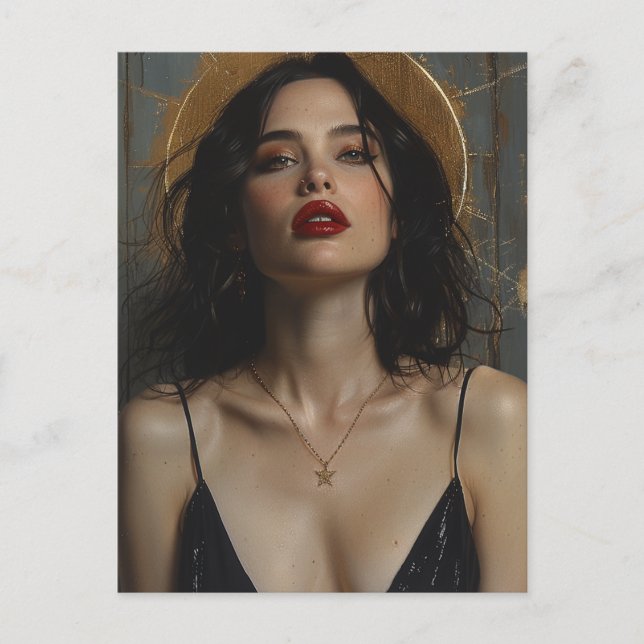 Sexy Woman in Black Dress Gold Halo Postcard (Front)