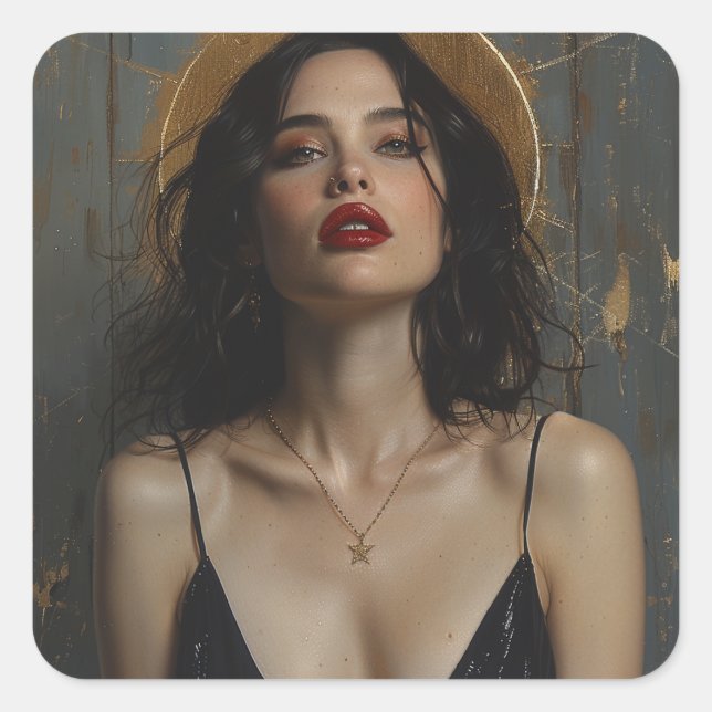 Sexy Woman in Black Dress Gold Halo Square Sticker (Front)