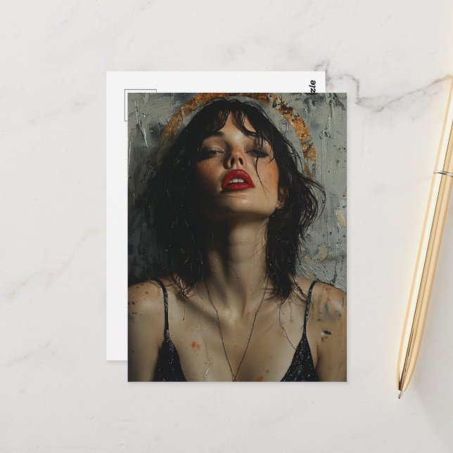 Sexy Woman in Black Dress Grunge Postcard (Front/Back In Situ)
