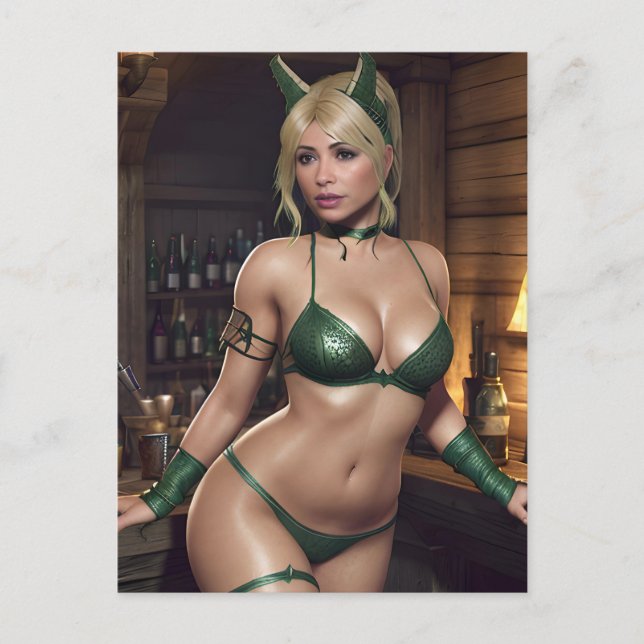 Sexy Woman in Green at the Bar Postcard (Front)
