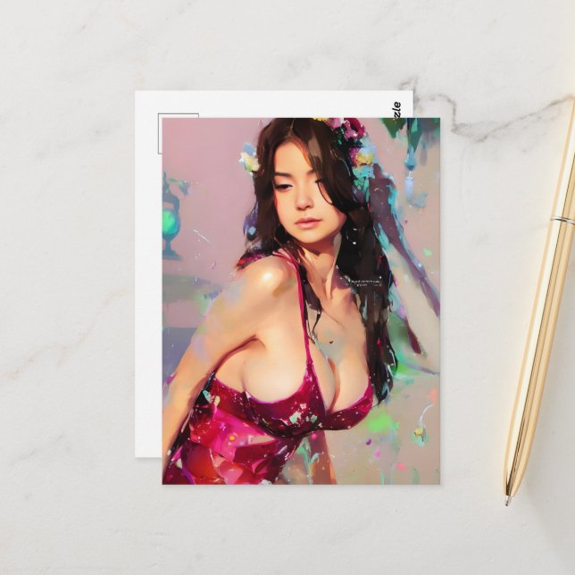 Sexy Woman with Dark Pink Dress Postcard (Front/Back In Situ)
