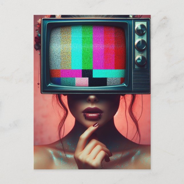 Sexy Woman With TV on Head Glittery Static Bars Postcard (Front)