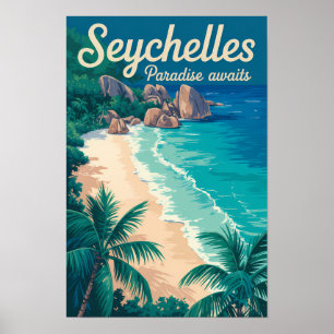 Seychelles Beach Illustration Travel Art Vintage Poster