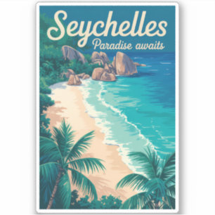 Seychelles Beach Illustration Travel Art Vintage Sticker
