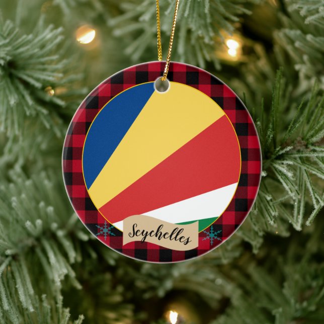 Seychelles, Red buffalo plaid & Seychelles Flag Ceramic Ornament (Tree)