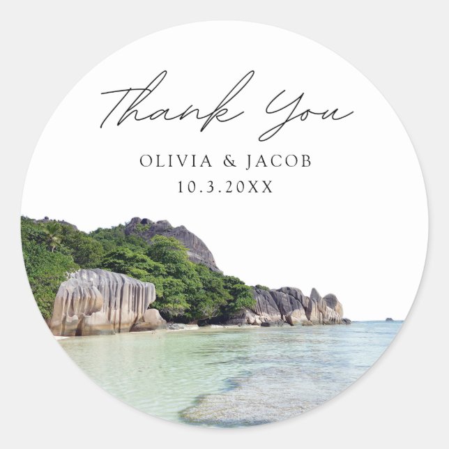 Seychelles Wedding Favor Photo Thank You Classic Round Sticker (Front)