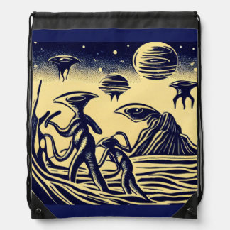 SF - Aliens On A Strange Planet Woodcut 1 Drawstring Bag