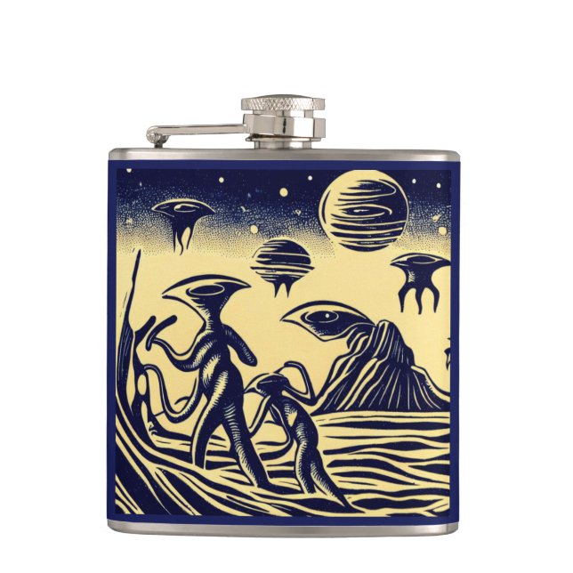 SF - Aliens On A Strange Planet Woodcut 1 Flask (Front)