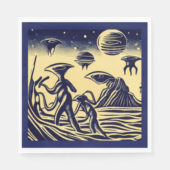 SF - Aliens On A Strange Planet Woodcut 1 Napkins (Front)