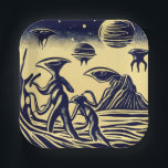 SF - Aliens On A Strange Planet Woodcut 1 Paper Plates<br><div class="desc">Step into a world of imagination and wonder with this unique digital artwork! This piece, done in a striking woodblock style, transports you to an alien landscape teeming with otherworldly creatures. The landscape is set against the backdrop of a large planet. This one-of-a-kind piece is not just an artwork, but...</div>